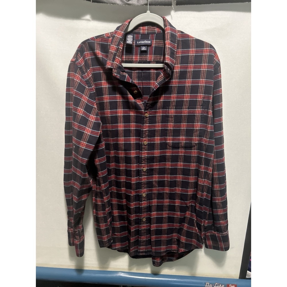 Men's Large Lands End Red Blue White Flannel Large Button Up